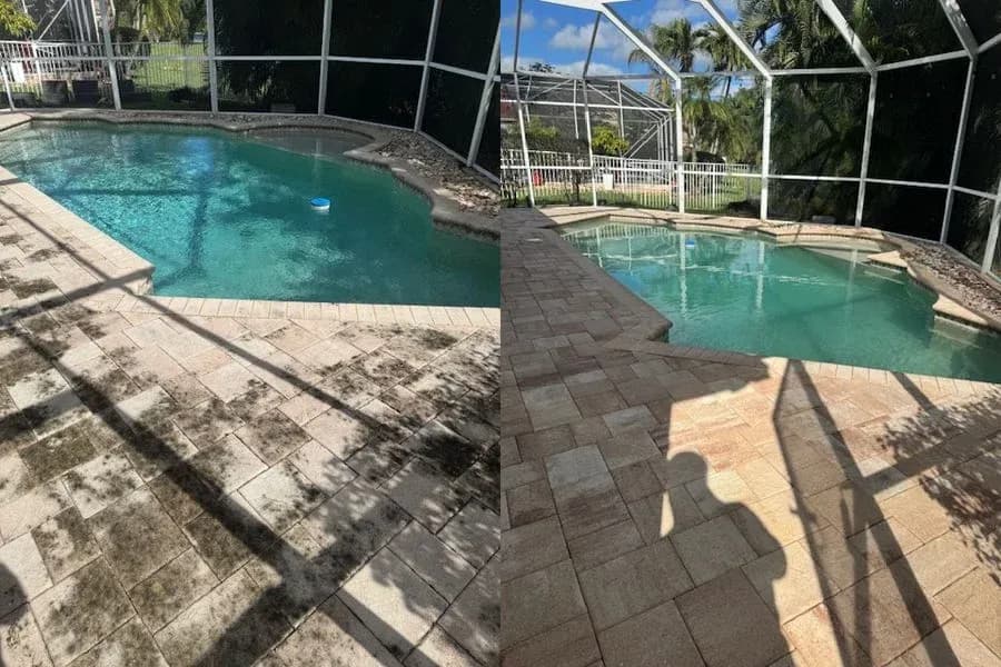 Before and after Pool Deck Cleaning by TitanFlow Exteriors