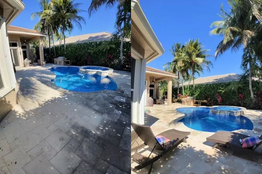 Before and after Travertine Pool Deck by TitanFlow Exteriors